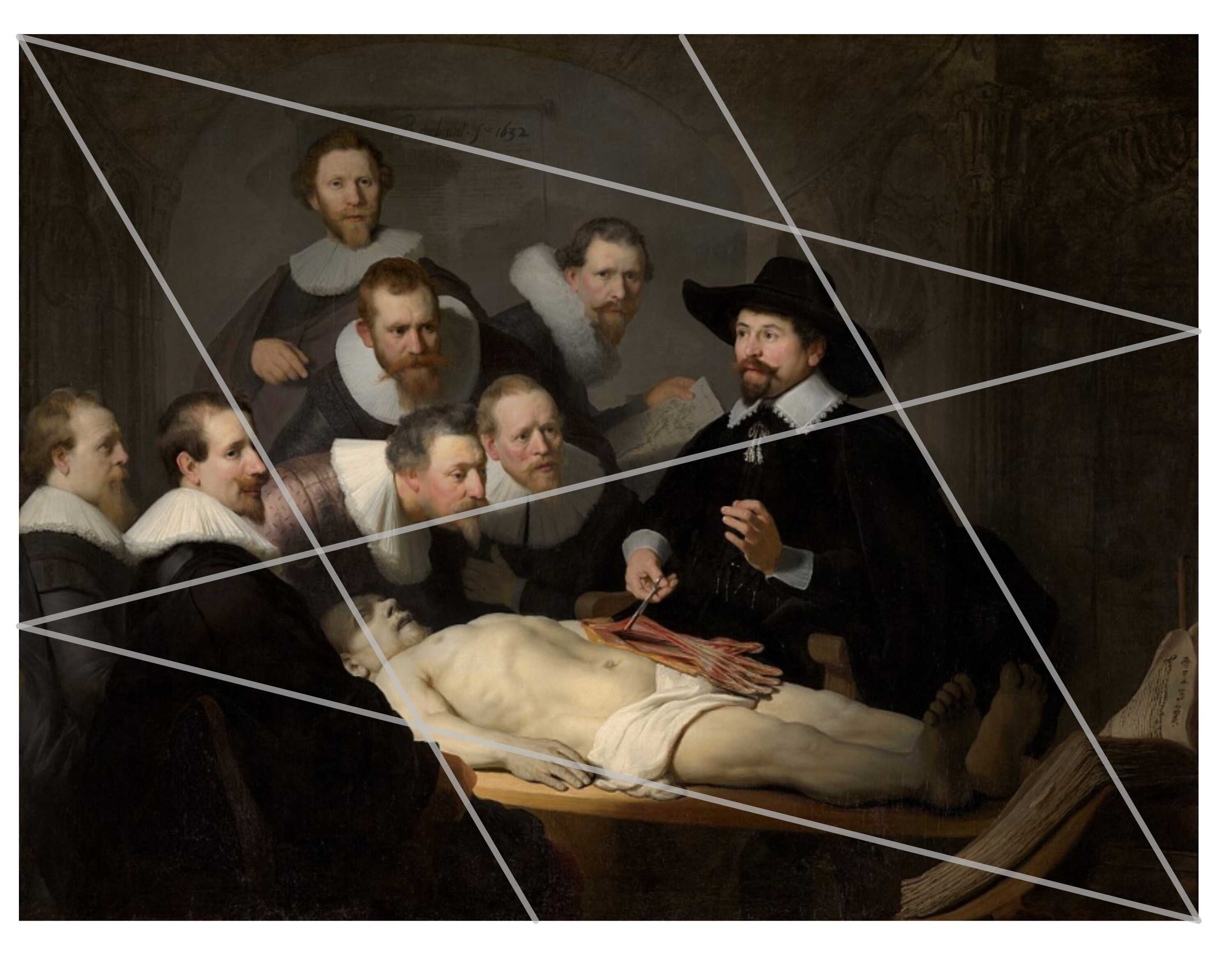 Lição de Anatomia do Dr. Tulp, de Rembrandt, Museu Mauritshuis, com a composição geométrica proposta por Bouleau sobreposta.